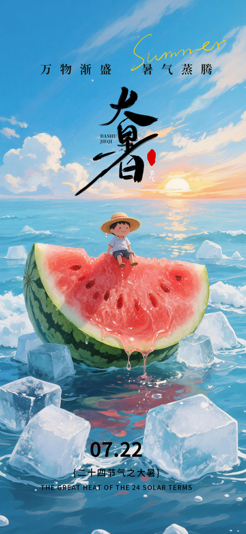 插画风大暑节气西瓜儿童设计素材