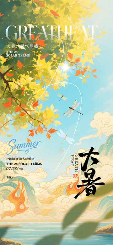 国风插画大暑节气手绘自然景观设计素材