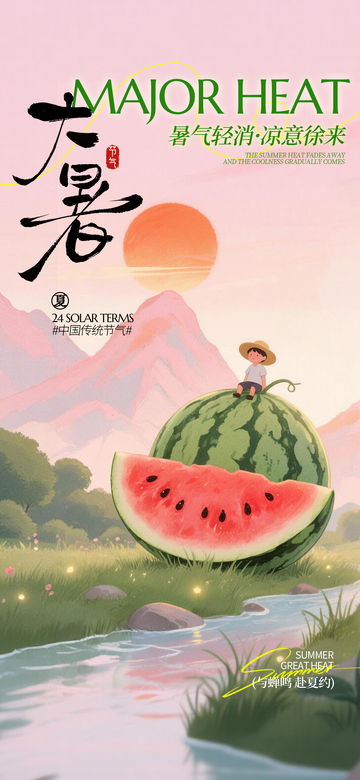 插画风大暑节气西瓜清凉设计素材