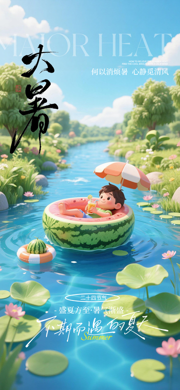卡通风大暑节气夏日溪流设计素材