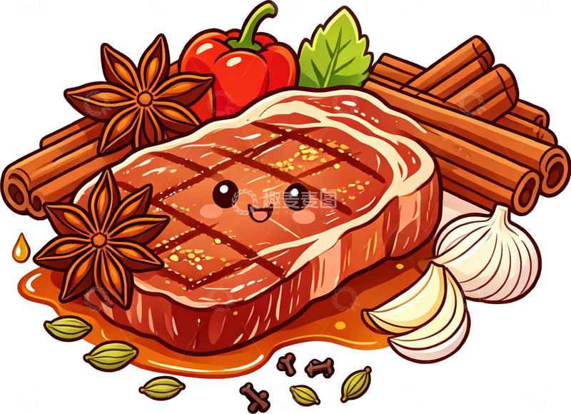 高清大图下载【趣麦麦图】Q 版拟人牛排香料美食卡通插画