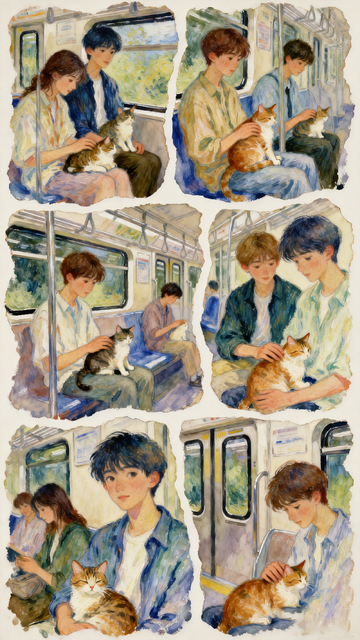 水彩风地铁情侣与猫咪插画设计素材