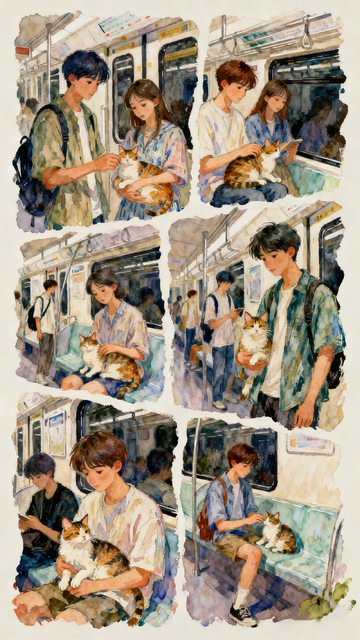 水彩风地铁猫咪陪伴手绘插画素材
