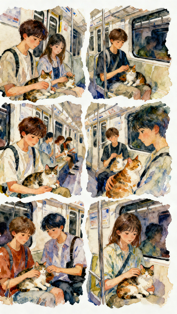 水彩风地铁情侣与猫咪手绘插画素材