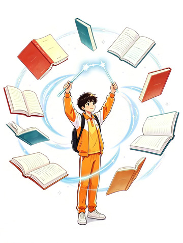 卡通风学生魔法书本环绕设计素材