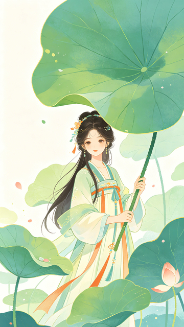 国风古风仕女荷塘插画设计素材