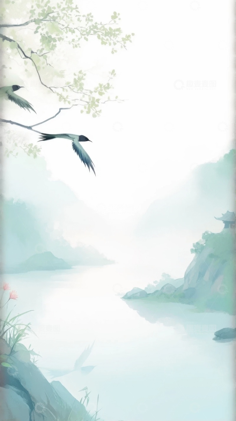 高清大图下载【趣麦麦图】飞鸟青山水墨背景