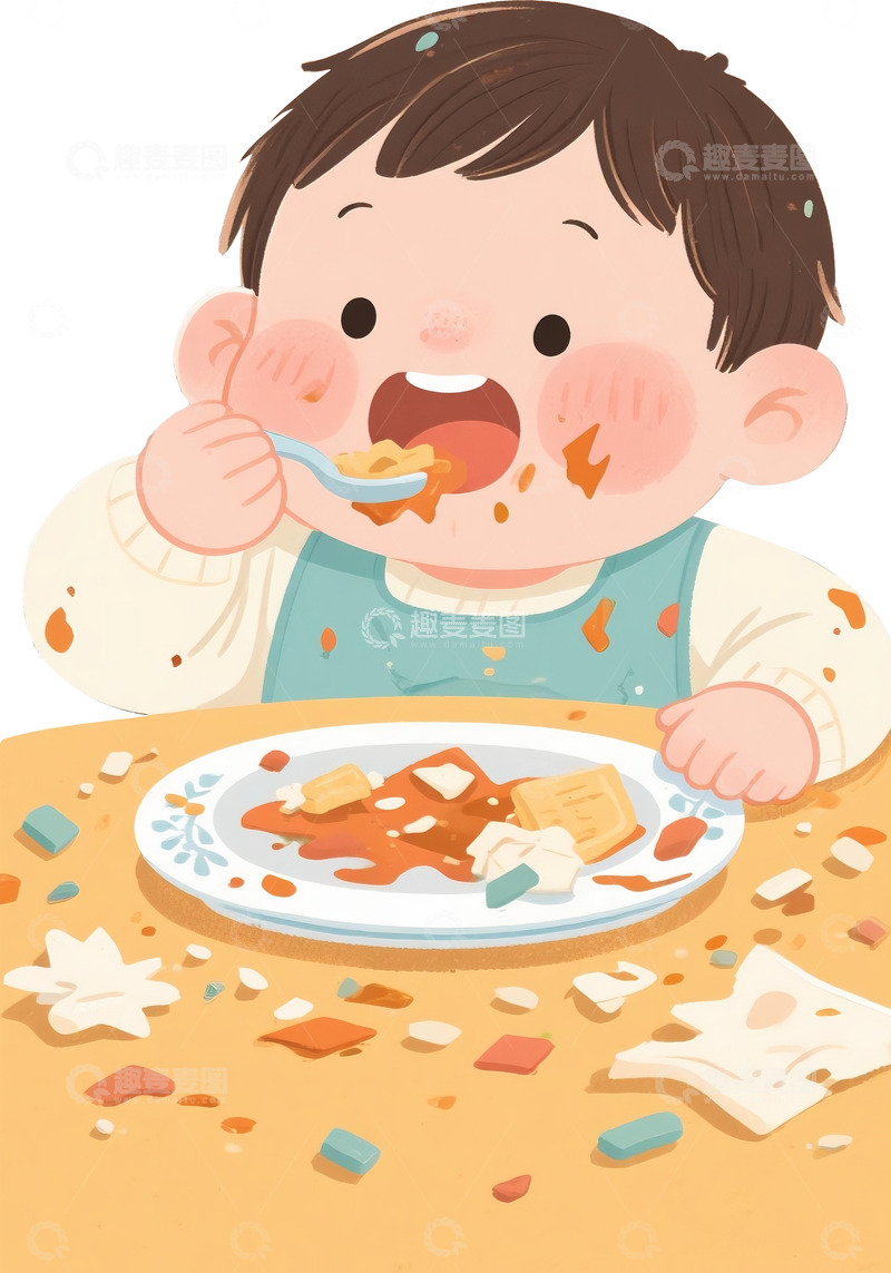 高清大图下载【趣麦麦图】吃饭弄脏脸蛋的萌娃卡通扁平插画