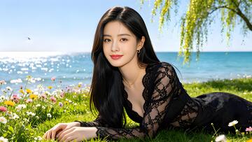 写真风海边花丛美女人物摄影素材