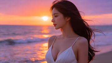唯美风海边日落人像摄影写真素材