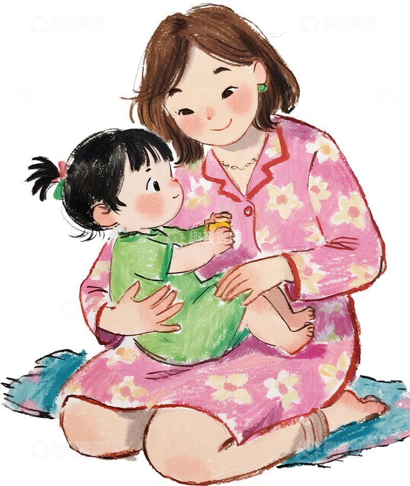 高清大图下载【趣麦麦图】居家碎花睡衣母女温情相拥油画棒手绘插画