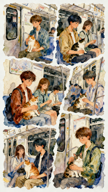 水彩风地铁情侣抱猫手绘插画素材