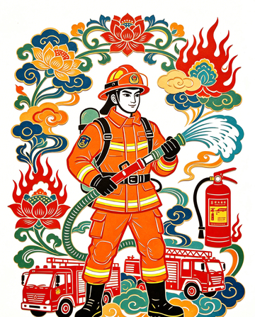 国风插画消防员灭火场景设计