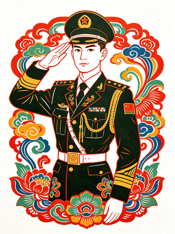 国风插画军人敬礼设计素材