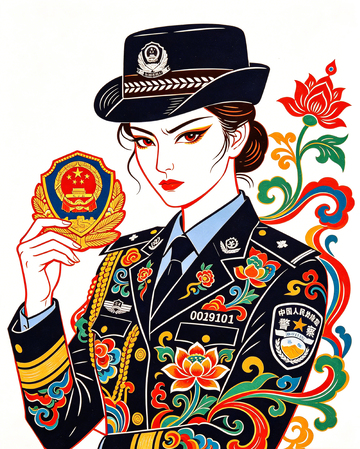 国风插画警花持徽章设计素材