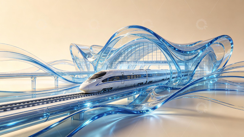 高清大图下载【趣麦麦图】-蓝色流体水晶建筑高铁未来科技 3D 插画