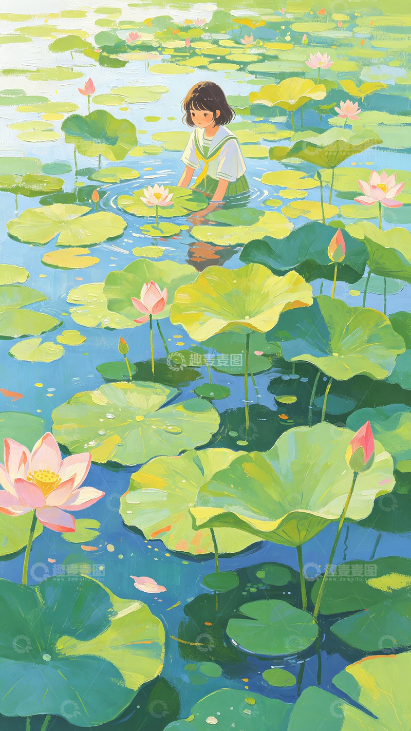 高清大图下载【趣麦麦图】日系插画少女采莲池塘场景设计素材