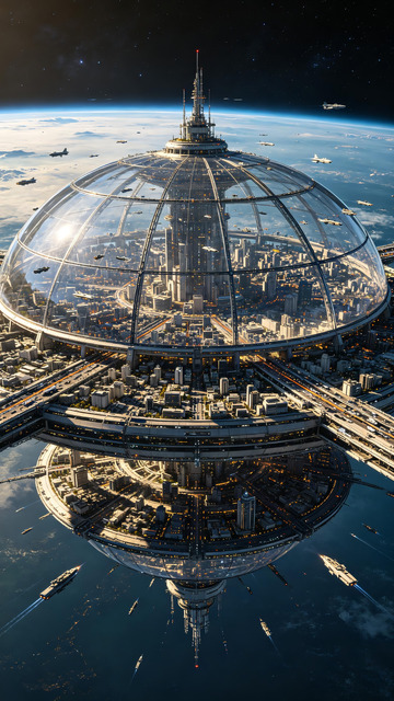 近地轨道透明穹顶浮空都市科幻场景插画
