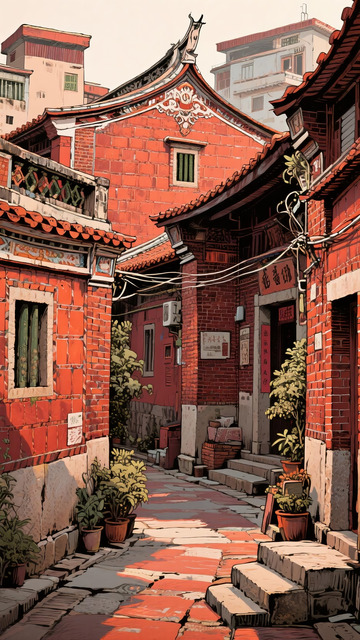 闽南红砖古厝街巷日系手绘插画