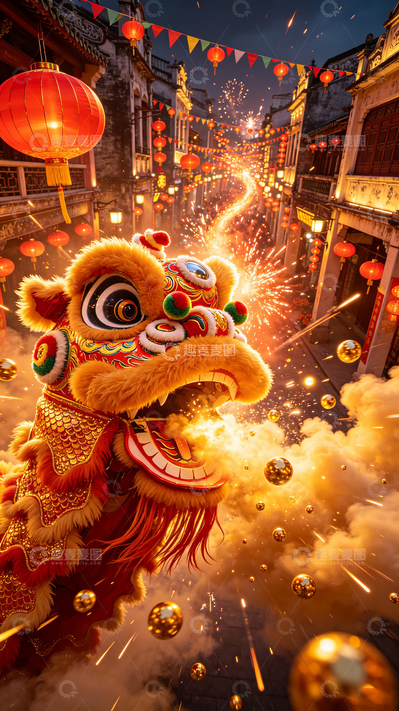 高清大图下载【趣麦麦图】狮口大张吐出金色云雾与许多金球