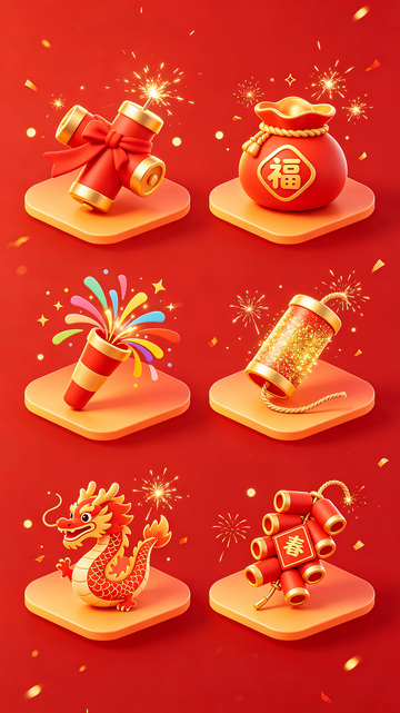 新春礼炮主题的 3D 卡通 icon
