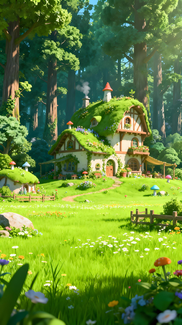 卡通风森林小屋童话插画设计素材