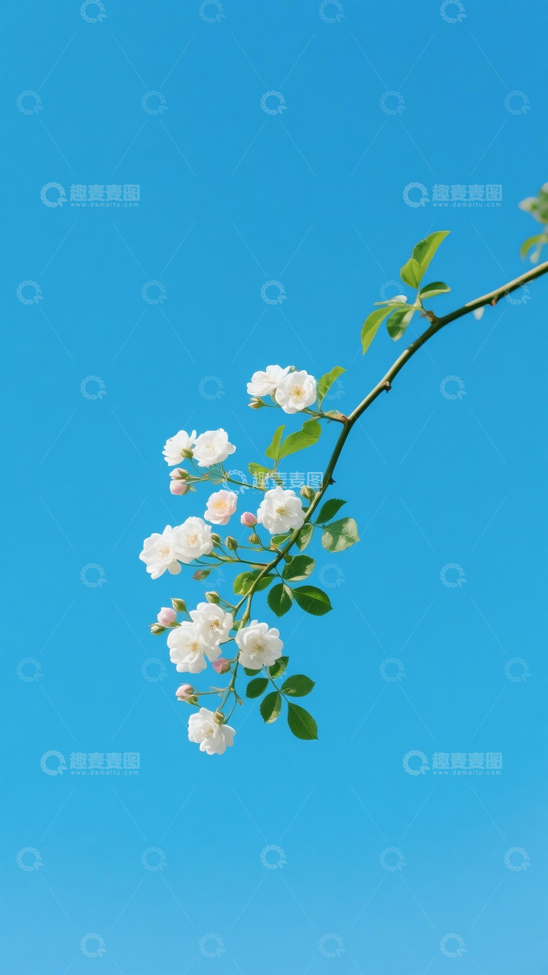 高清大图下载【趣麦麦图】晴空白蔷薇花枝清新竖幅摄影