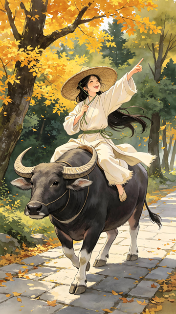 国风插画秋日骑牛少女设计素材