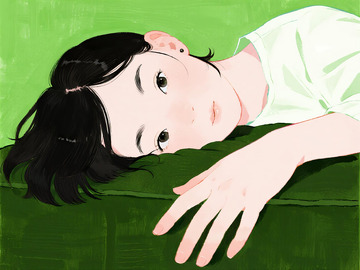 青绿色调侧卧短发少女治愈手绘插画