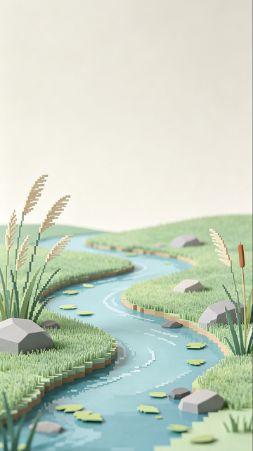 低多边形风格溪流草地自然景观设计素材