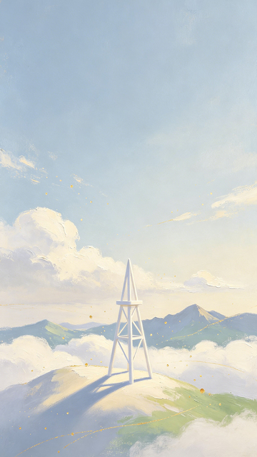 插画风山顶信号塔云海风景设计素材