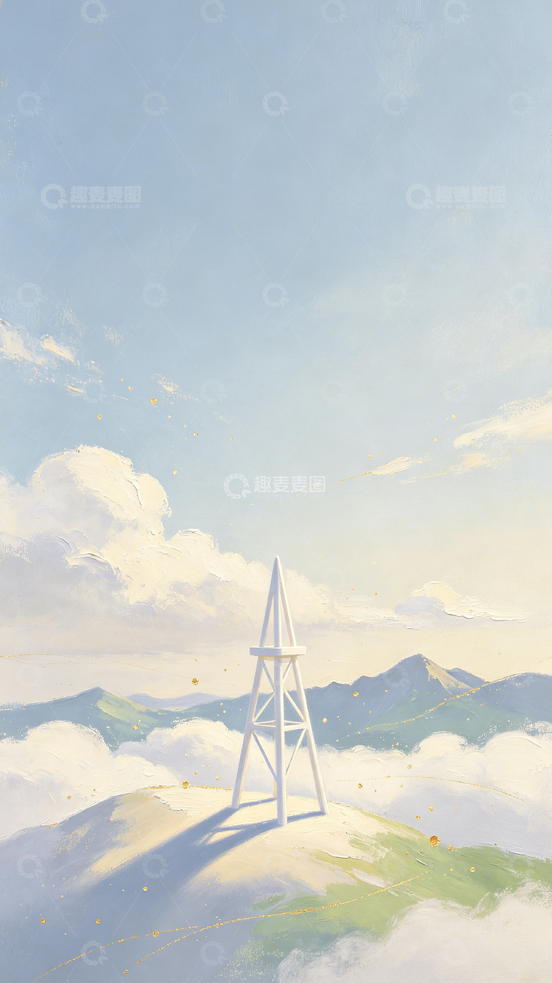 高清大图下载【趣麦麦图】-插画风山顶信号塔云海风景设计素材