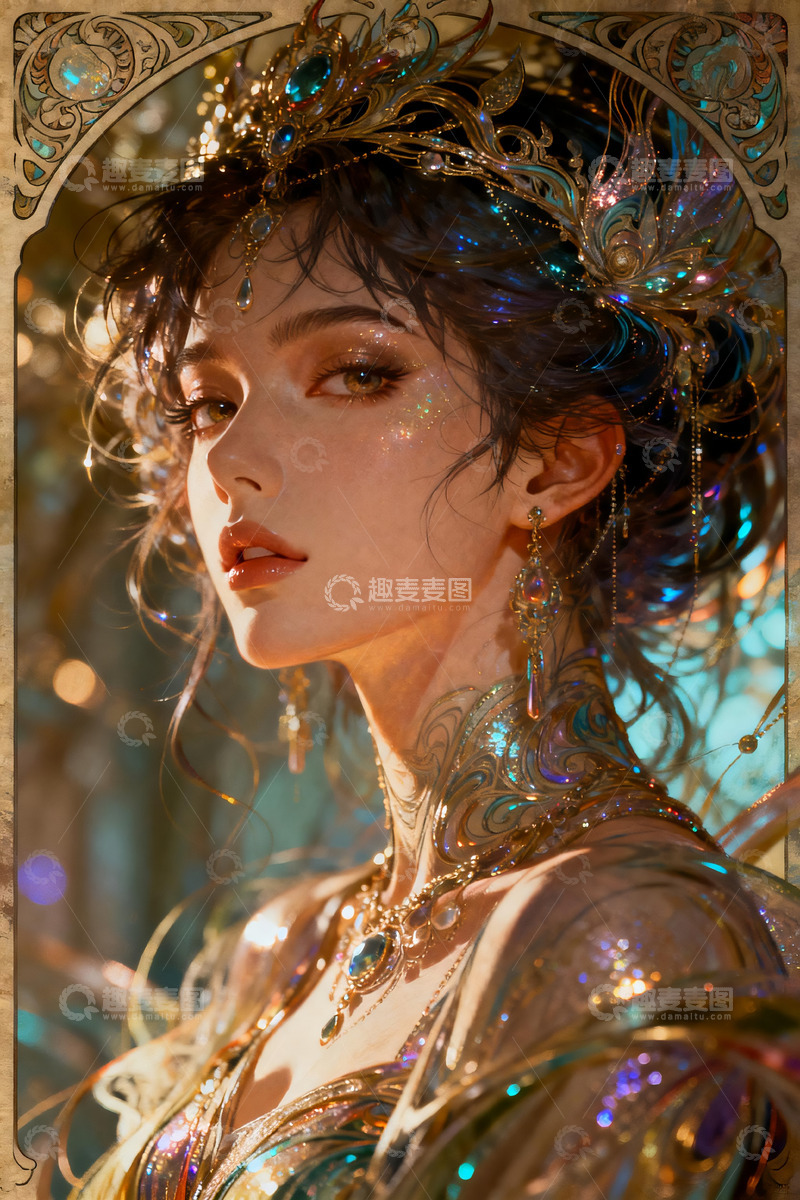 高清大图下载【趣麦麦图】穆夏复古鎏金宝石羽冠奇幻少女插画