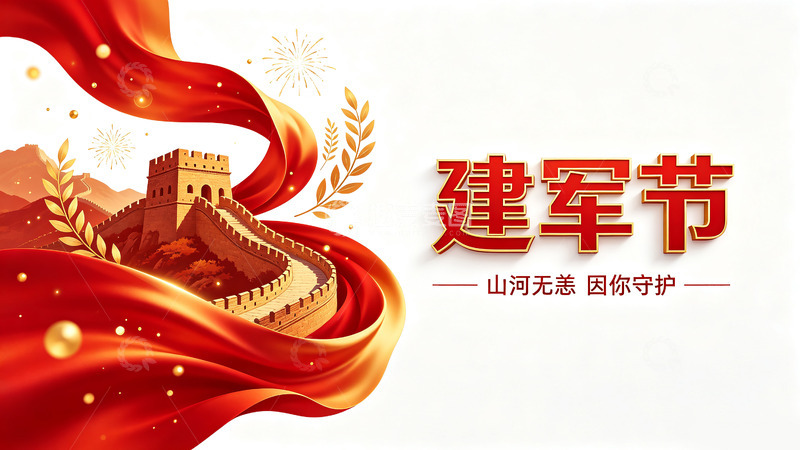 高清大图下载【趣麦麦图】-国风建军节长城飘带设计素材