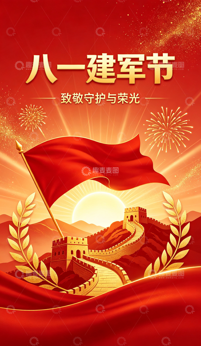高清大图下载【趣麦麦图】-国风八一建军节红旗长城插画设计素材