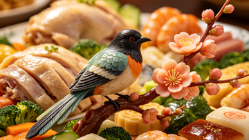 写实风年夜饭喜鹊梅花美食设计素材