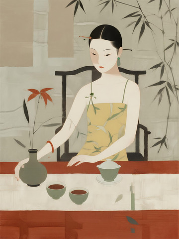 新中式水墨竹影仕女品茶插画
