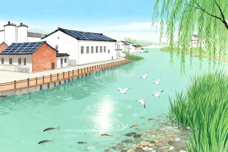 高清大图下载【趣麦麦图】水乡光伏民居江南水墨插画