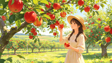 插画风田园少女采摘苹果包装设计素材