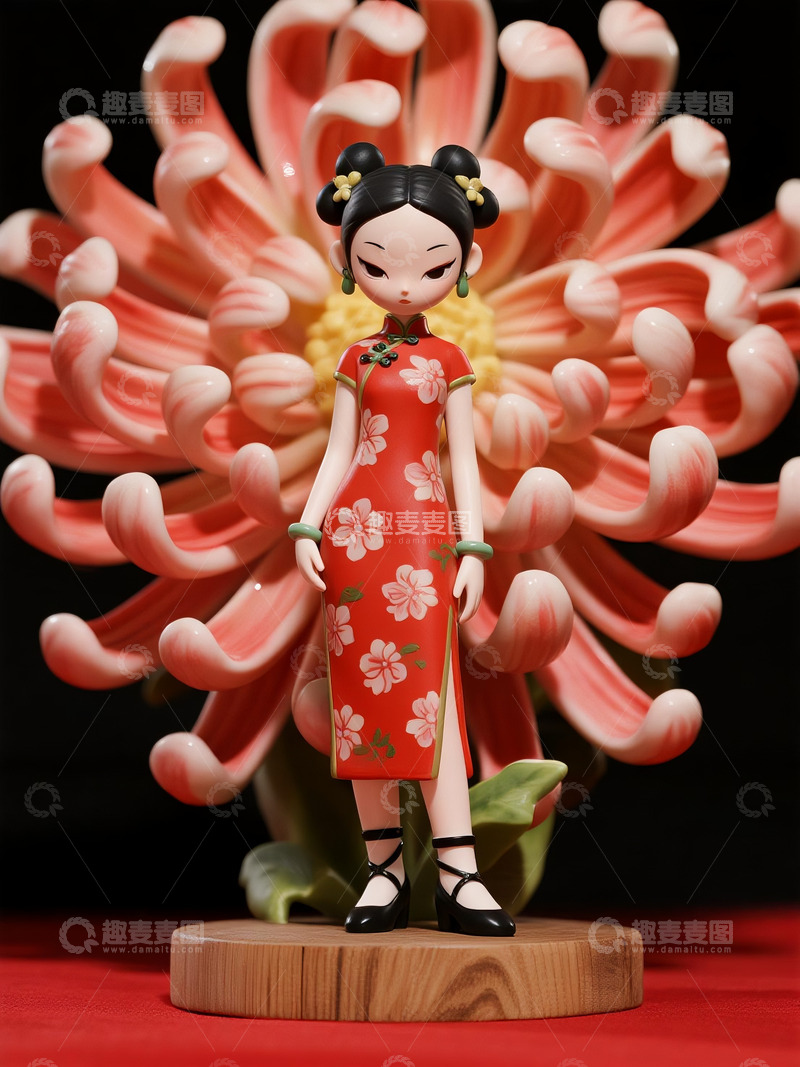 高清大图下载【趣麦麦图】红底旗袍少女菊花黏土潮玩摆件