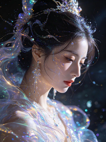 幻彩碎钻仙裙古风女子垂眸光影人像