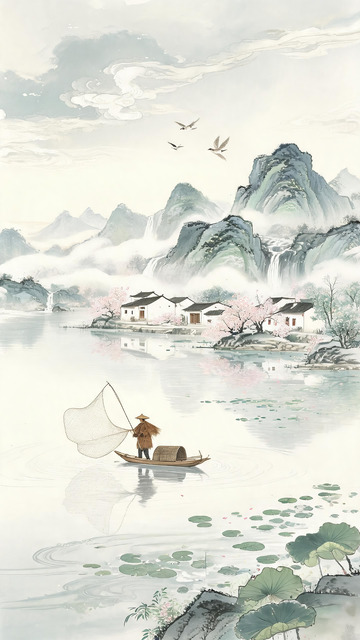 江南山水渔翁泛舟水墨竖幅国画