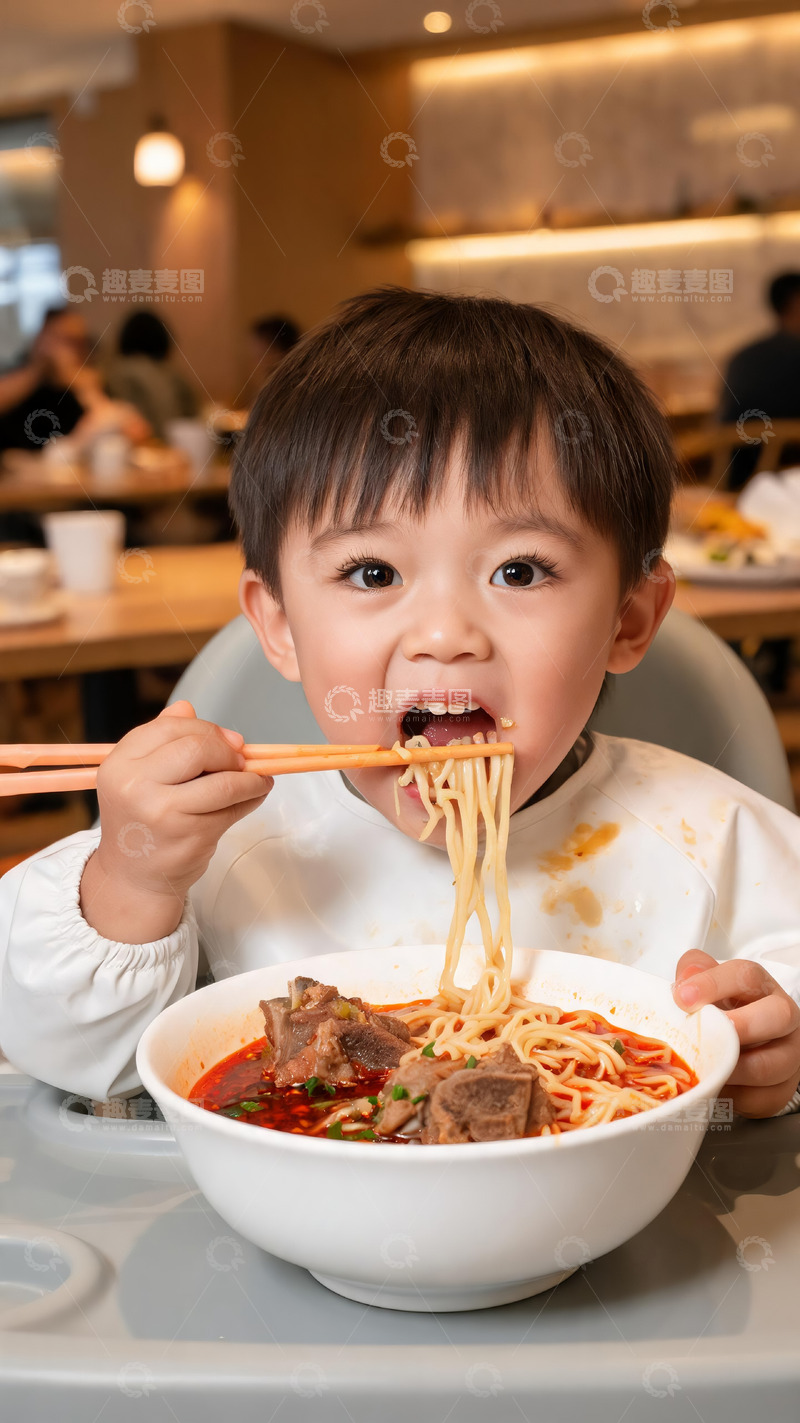 高清大图下载【趣麦麦图】-餐厅餐椅萌娃手拿筷子吃红烧牛肉面写实人像