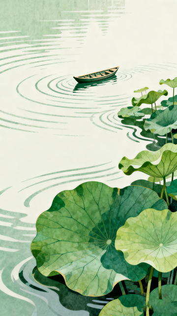 水墨风荷塘小舟插画设计素材