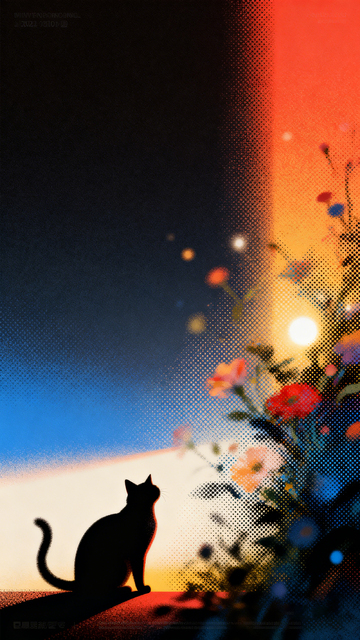 插画风猫咪剪影花丛黄昏设计素材
