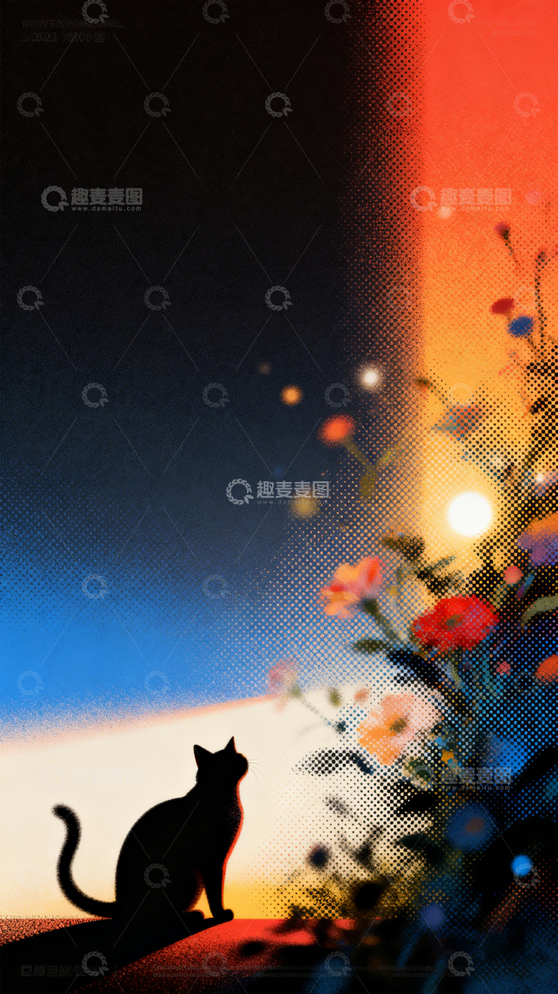 高清大图下载【趣麦麦图】-插画风猫咪剪影花丛黄昏设计素材