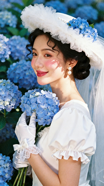 复古风婚纱照蓝绣球花新娘设计素材