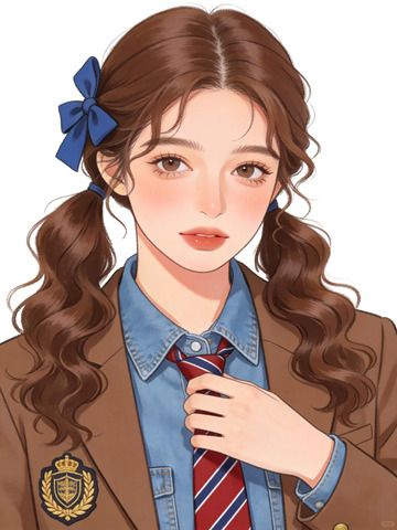 韩式手绘美式制服双马尾少女头像插画