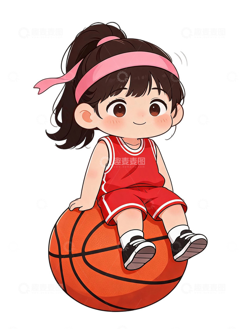 高清大图下载【趣麦麦图】卡通风小女孩篮球运动插画素材