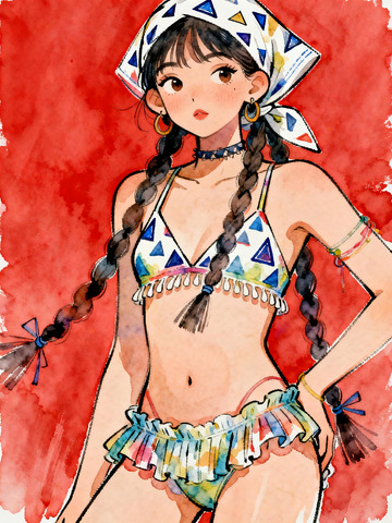 红底水彩双麻花辫三角纹样泳装少女手绘插画